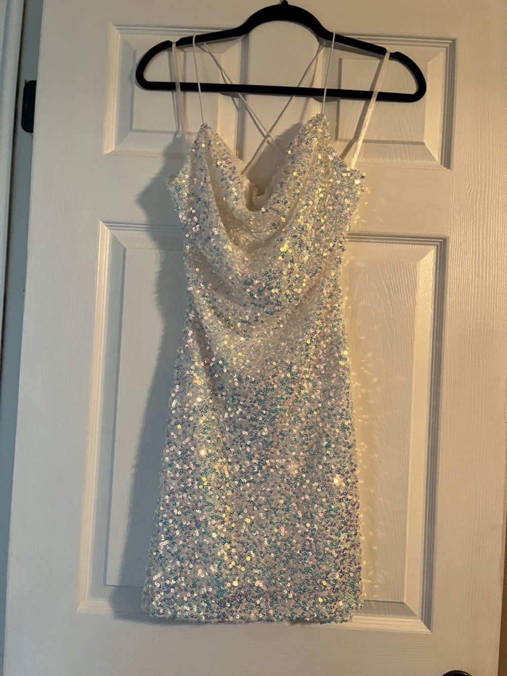 Windsor White Iridescent Sequin Cowl Neck Mini Dress